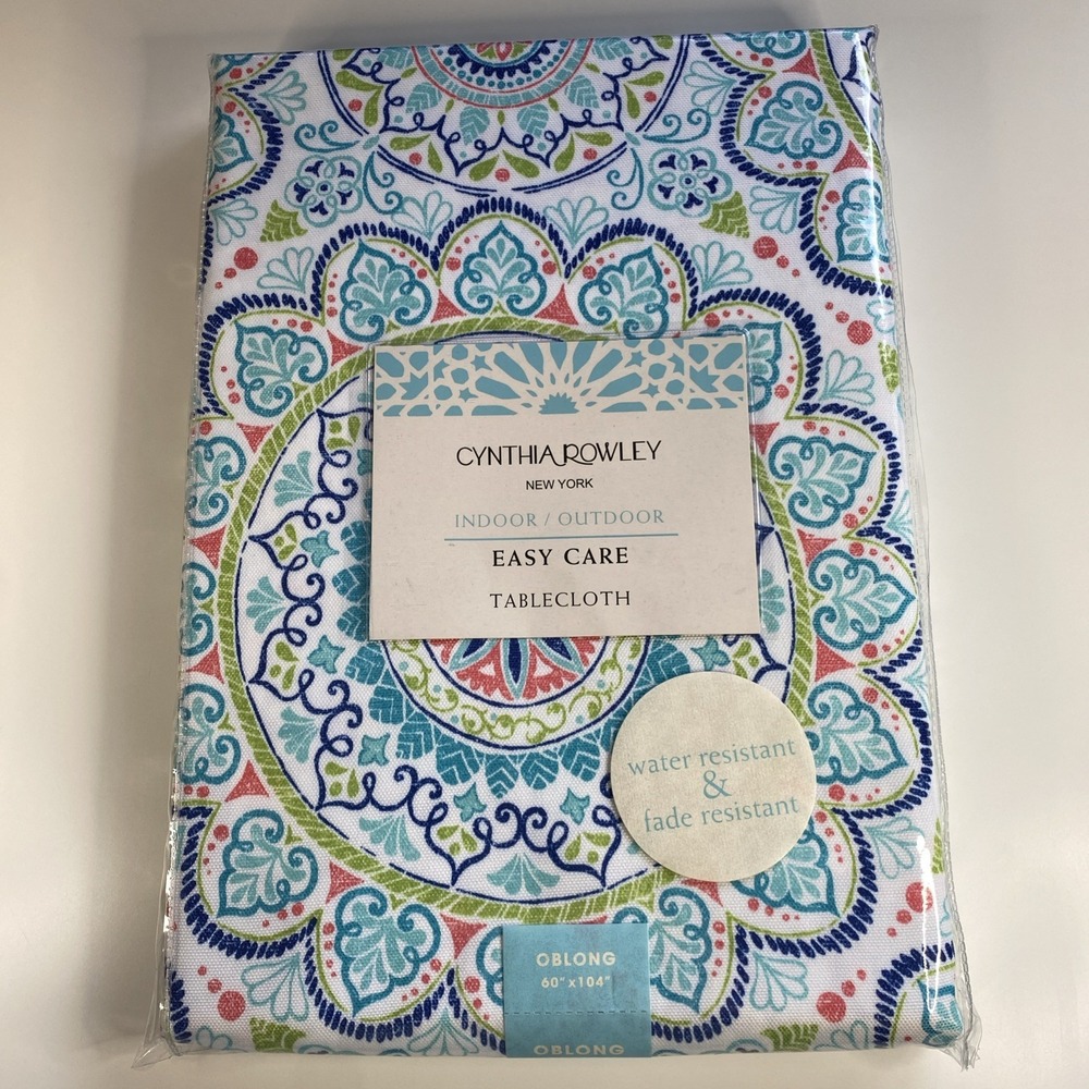 Cynthia Rowley 60x104 Oblong  Floral Tablecloth Polyester Turquoise Blue Scroll